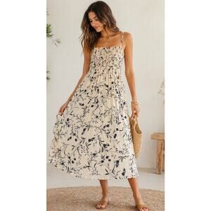 NWT Abound Nordstrom Ivory Black Floral Smocked Midi Sundress S